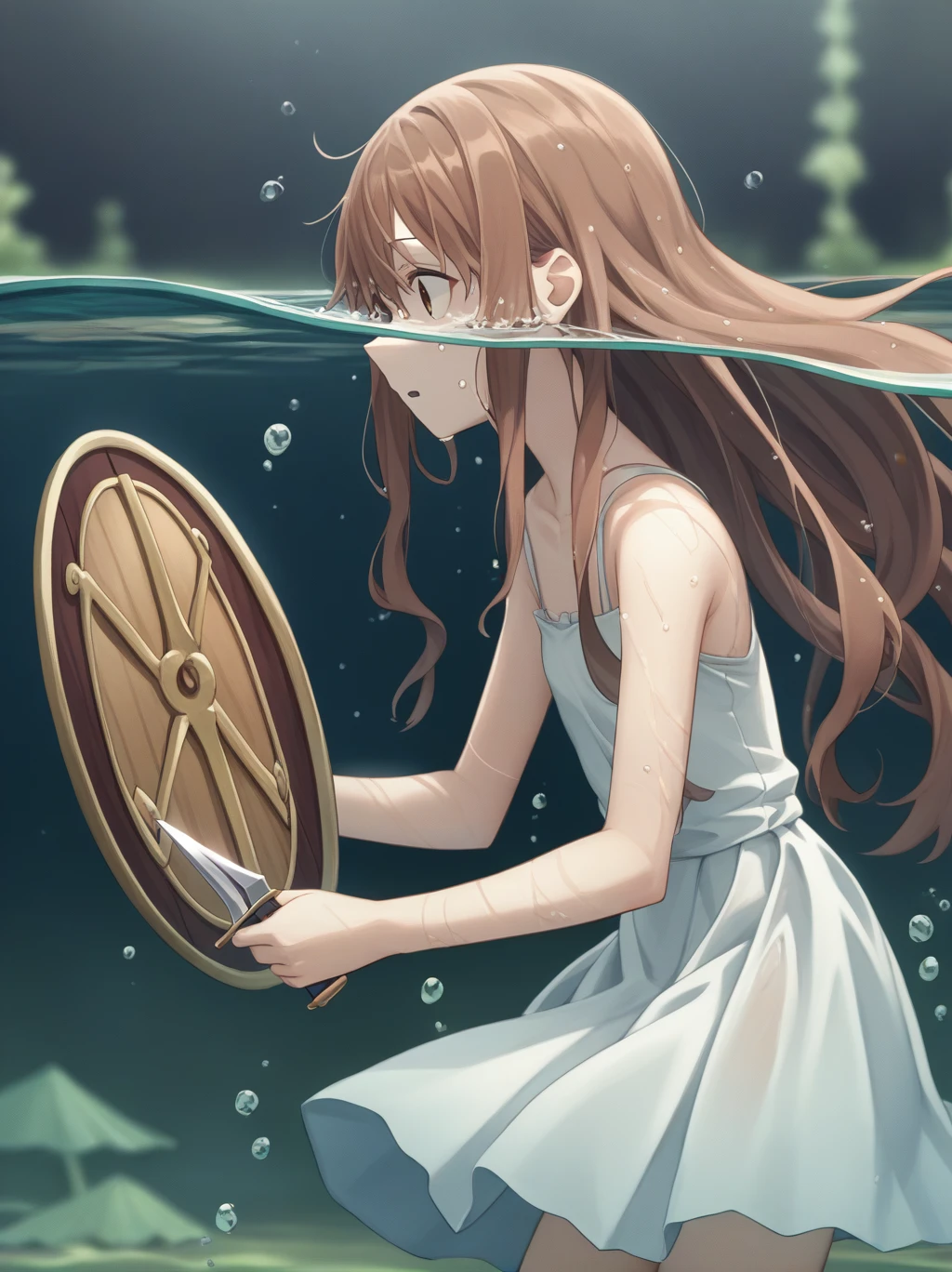 score_9, score_8_Excellent, score_7_Excellent, score_6_Excellent, sauce_anime, partially underwater, 
One Girl, Long Hair, Brown Hair, Wet Hair,
White Dress, Swamp,
Dark Background, Blurred Edges,8-year-old、Adventurer、Flat Chest、Pitch-dark underground labyrinth、No light、skirt、Equipped with a dagger and a shield、水面よりExcellentの顔、Corpses in the water, Underwater Photography、浮力でskirt捲れる