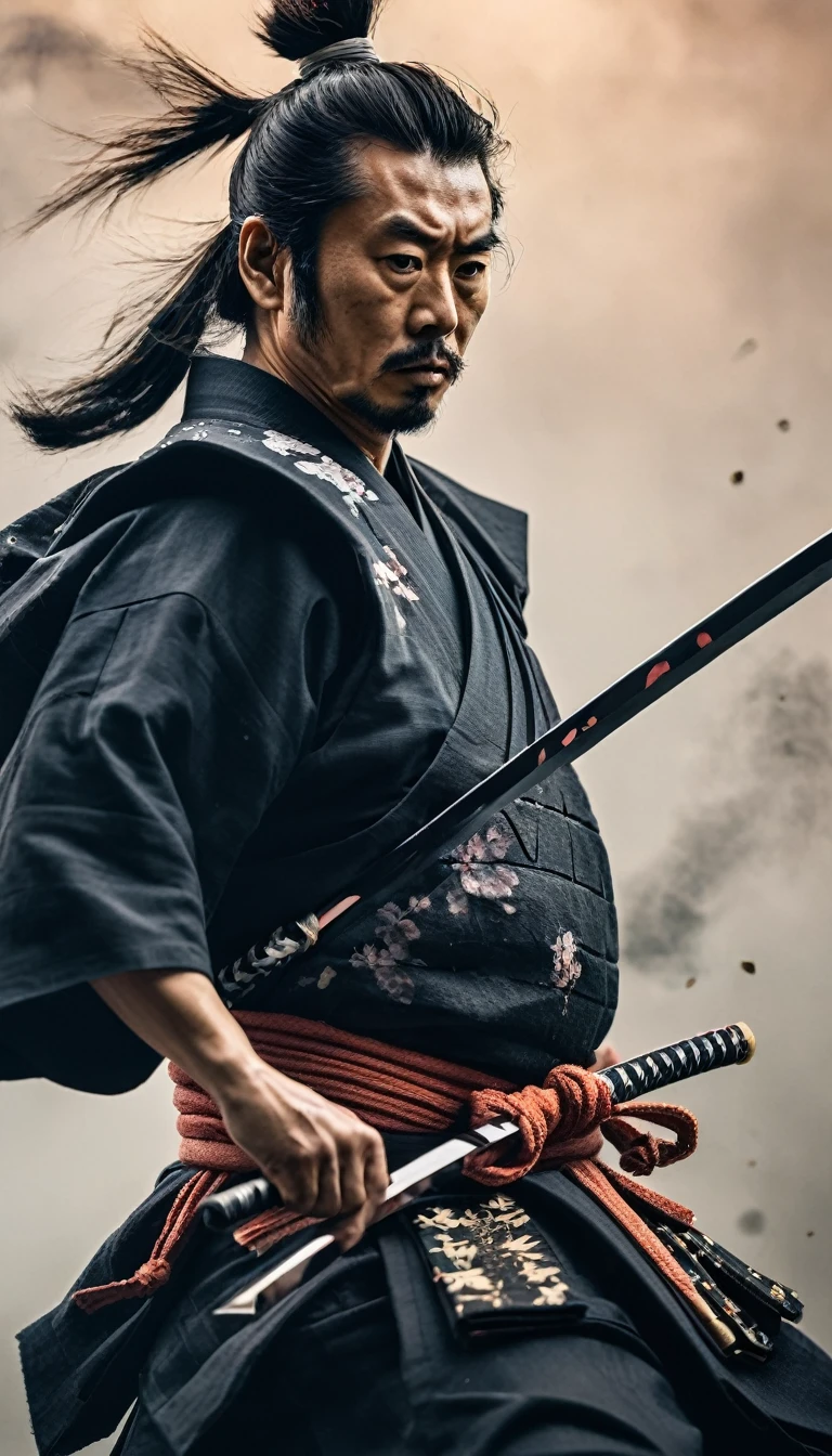 warrior, Double exposure, Multiple Exposure, Highest quality, masterpiece, Representative works, Official Art, Professional, Super intricate details, 8K,Create a hyper-realistic and cool image of Miyamoto Musashi using his two-sword technique (Katana and Wakizashi). Musashi is in a dynamic battle stance, showcasing his mastery of Niten Ichi-ryu. He wears traditional samurai armor, and the background is a dramatic battlefield with smoky skies, emphasizing the historical context. Highlight his intense focus and determination, capturing the essence of a formidable warrior. Use strong light and shadow contrasts to enhance the dynamic feel of the image.