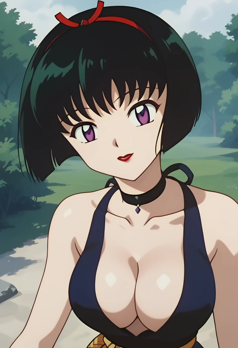 score_9, score_8_up, score_7_up, source_anime, best quality, masterpiece, rating_explicit, uncensored, 1990s (style), anime screencap, megami magazine, BREAK, SAKASAGAMINOYURA, 1GIRL, large breasts, cleavage, BLACK HAIR, HAIR BAND, BOB_CUT, PURPLE EYES, CHOKER, SLEEVELESS, SHORT KIMONO, red lip, outdoors, looking at viewer, smile