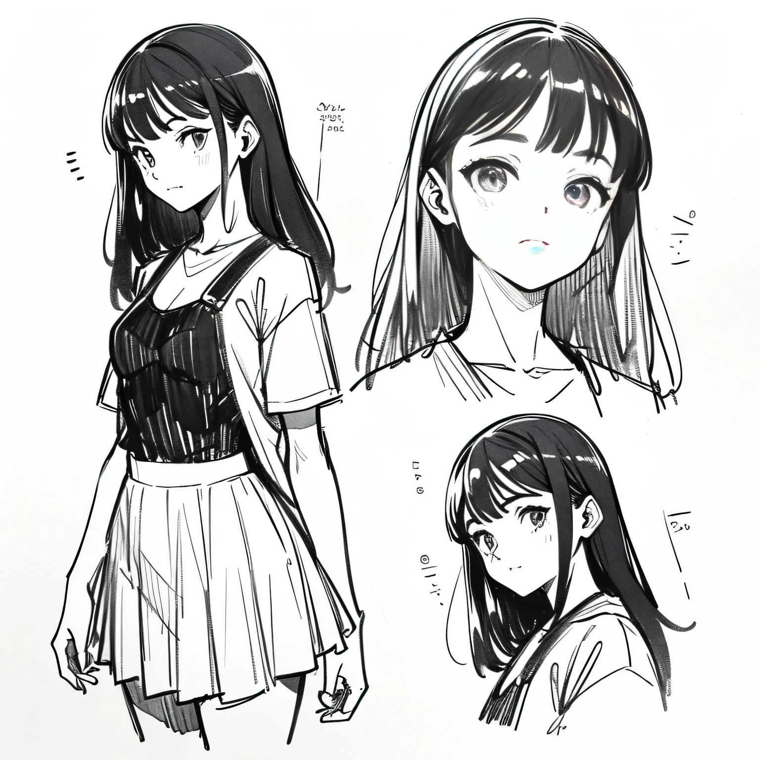 One Girl,Line art,Monochrome,sketch,Black and White,Pencil drawing,Traditional Media,Sketch,One Girl, skirt,Cute Teenage Girls, ,Beautiful portrait、Delicate body、Black Hair、Black Hair,landscape