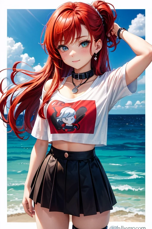 Ariel the  mermaid; redhead; black shirt; young irt that says brat in pornhub logo; mini skirt; Collar on the neck with strap; 