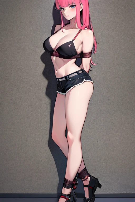 (absurdres, 8k, 4k, masterpiece, hyper extreme detailed:1.2), solo, 1girl, front view, portrait, best quality, perfect face, 1girl, portrait, solo, standing, Female, toned body, mature female, EJP breasts, , long hair, delinquent, sarcastic, swept bangs, midriff, exposed collarbone, exposed left shoulder, standing up, half body, shorts, bound, bondage, (arms behind back:1.4), bdsm, restrained,