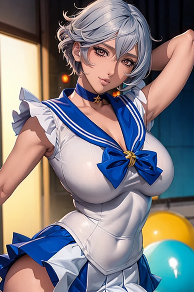 Anime Style, Vibrant, Studio Anime, Very detailed, One girl, (Sailor Warrior Uniforms), silverhead, Medium Hair, Bobcut, Big Hair, humid, Mature Woman, Sensual 