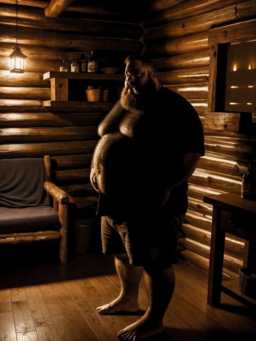 a fat, shirtless, middle-aged man with a beard in a mountain cabin at night, detailed facial features, full body, dramatic lighting, cinematic, dark colors, moody atmosphere, dramatic, mysterious, photorealistic, 8k