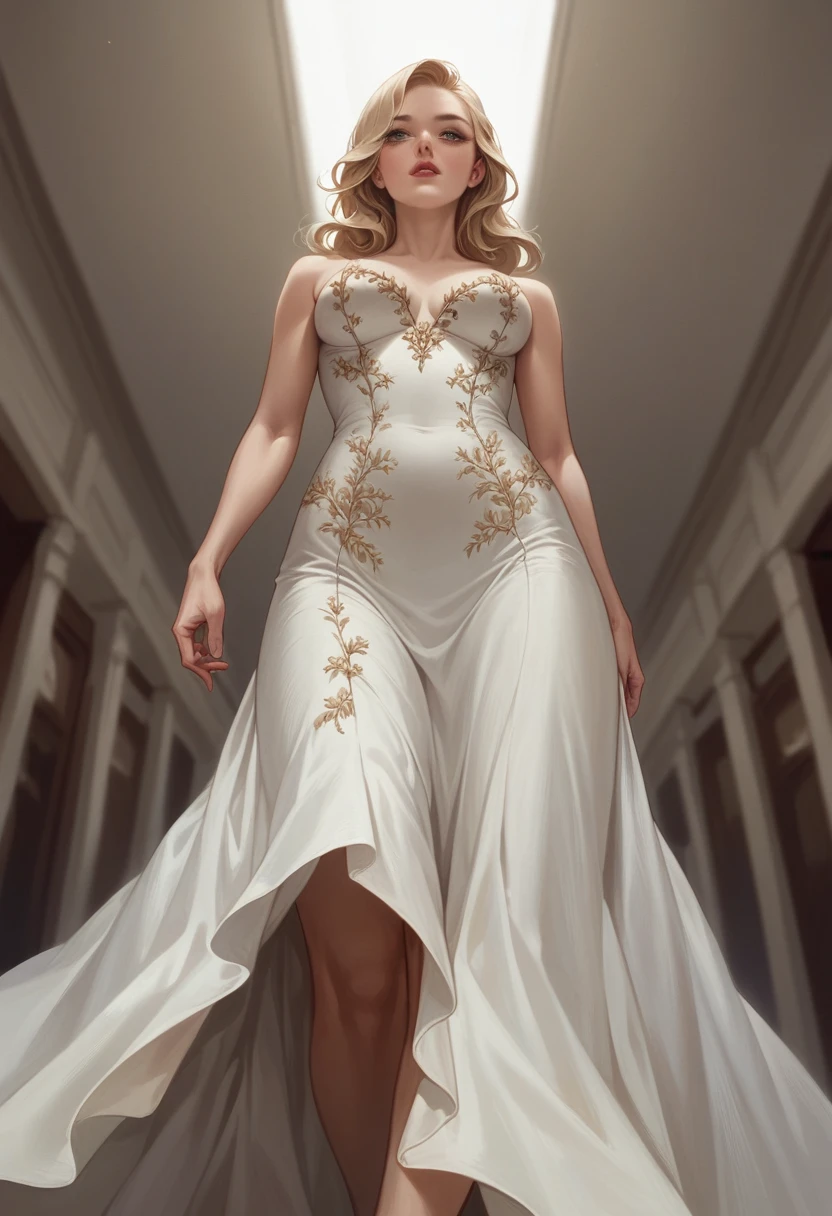hyperrealistic art cinematic film still photography in the style of detailed hyperrealism photoshoot . (beautiful dress walking towards low angle) Extremely high-resolution details, photographic, realism pushed to extreme, fine texture, incredibly, blonde woman