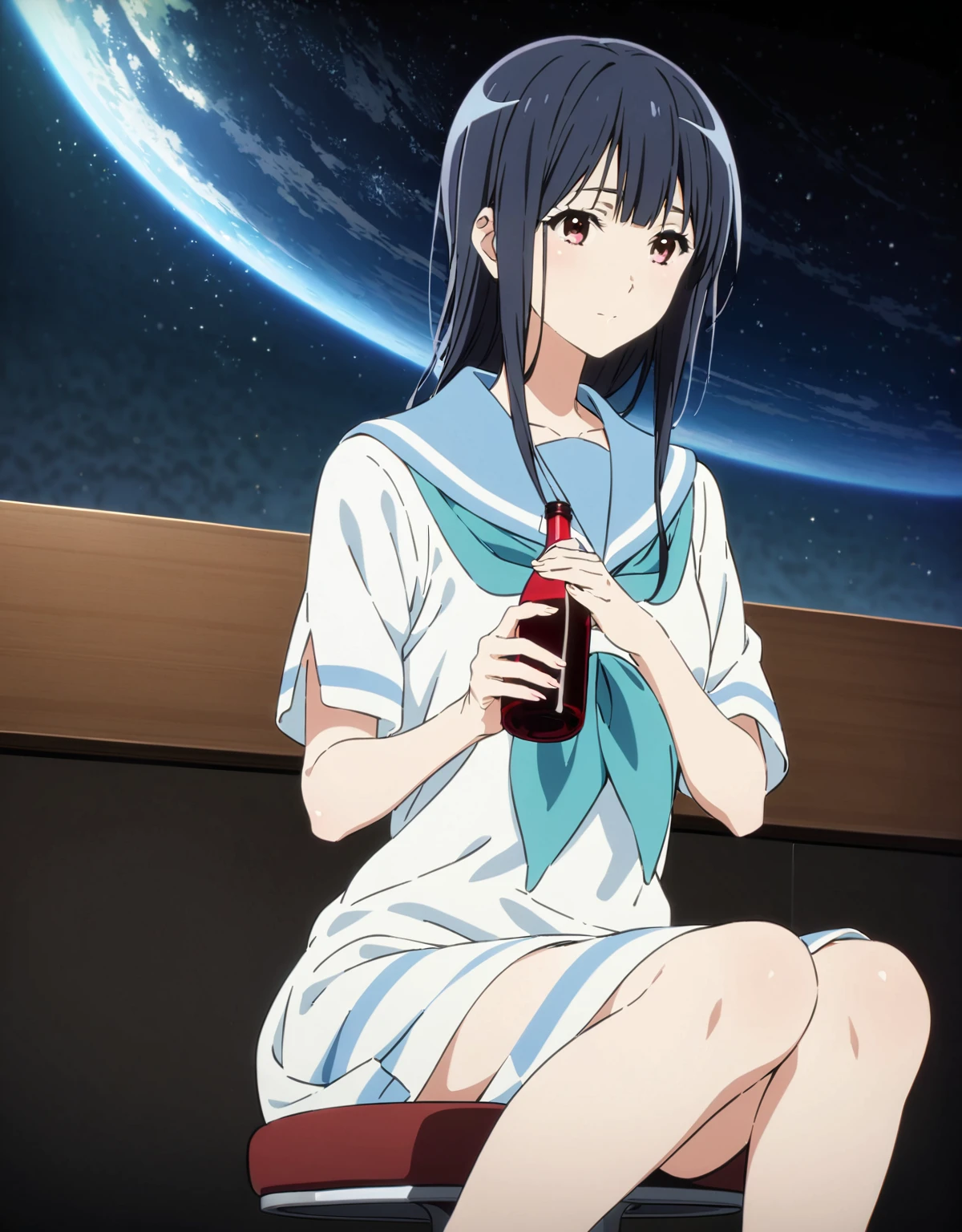 Very delicate and beautiful,非常にdetailed,CG,Unity,8k wallpaper,wonderful,detailed,masterpiece,The best quality in the best condition,Official Art,非常にdetailed CG 8k Unbelievably ridiculous resolution,Beautiful and exquisite,High resolution,非常にdetailedな目と顔,Space Sky.sitting on a bar stool、Holding a bottle of wine
