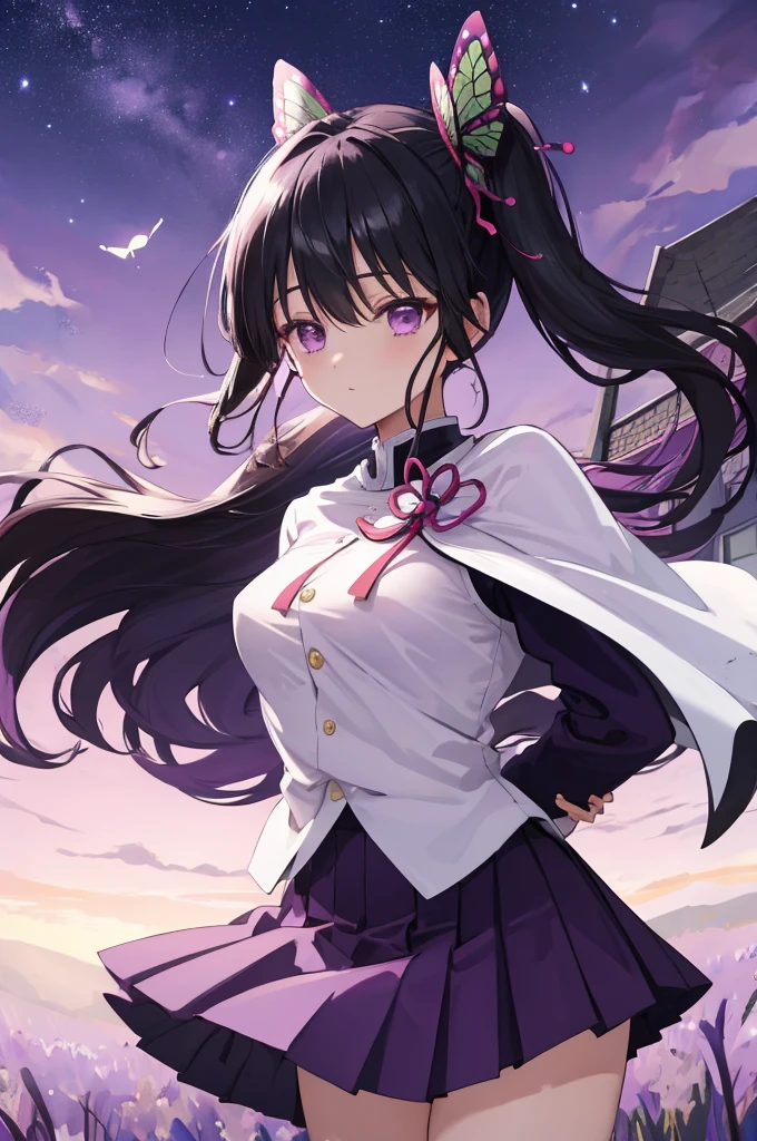 (masterpiece:1.3), (best quality:1.1), (8k, ultra detailed, ultra high res:1.2), ((anime style)), perfect 5 fingers, perfect anatomy, (arms behind back:1.3),
1girl,
Kanao Tsuyuri,
BREAK long hair, side ponytail,
black hair,
purple eyes, (empty eyes:1.3),
butterfly hair ornament,
(medium breasts:0.9),
BREAK (purple long sleve shirt, pleated purple skirt:1.2), (white cape with ribbon), looking at viewer,
cowboy shot,
perfect light,
waving, outdoors, field, night, night sky, starry sky,