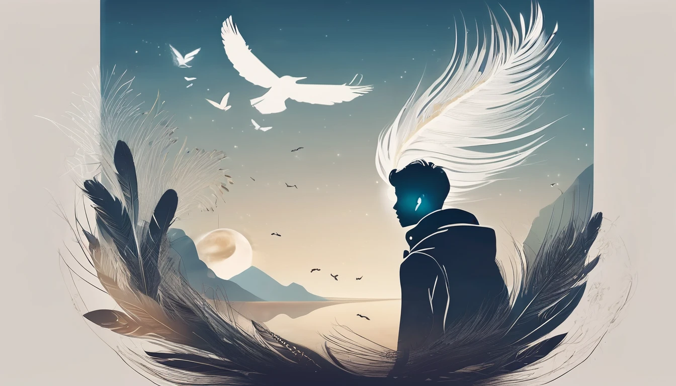 Create a professional, fantastic, cinematic dream-like Youtube Banner for a brand about music, stories, fantasy and dreams called " Penamemoria". Masterpiece, 4k, sharp focus, highest quality,wide shot. The title is " Penamemoria". Is a brand about the creative, unique journey of a boy into becoming a musician storyteller. In his journey he finds inspiration in a world of birds and feathers. Minimalistic, simple, poetic, dreamy logotype at the center of the image. The Background image is a world full of fantastic feathers, unique birds, light blue sky, soft white and light golden. Logo design of a face of a boy and a face of a feather