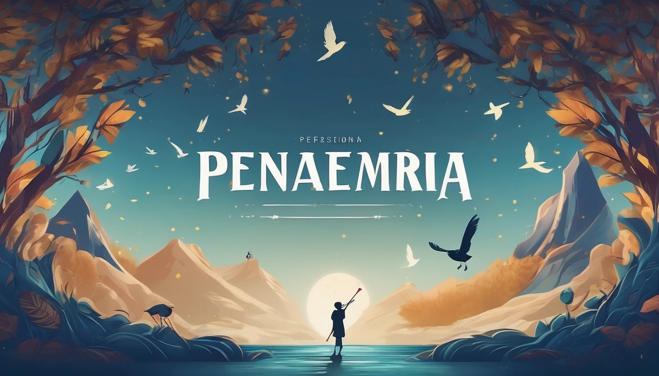 Create a professional, fantastic, cinematic dream-like Youtube Banner for a brand about music, stories, fantasy and dreams called " Penamemoria". Masterpiece, 4k, sharp focus, highest quality,wide shot. The title is " Penamemoria". Is a brand about the creative, unique journey of a boy into becoming a musician storyteller. In his journey he finds inspiration in a world of birds and feathers. Minimalistic, simple, poetic, dreamy logotype at the center of the image. The Background image is a world full of fantastic feathers, unique birds, light blue sky, soft white and light golden. Logo design of a face of a boy and a face of a feather