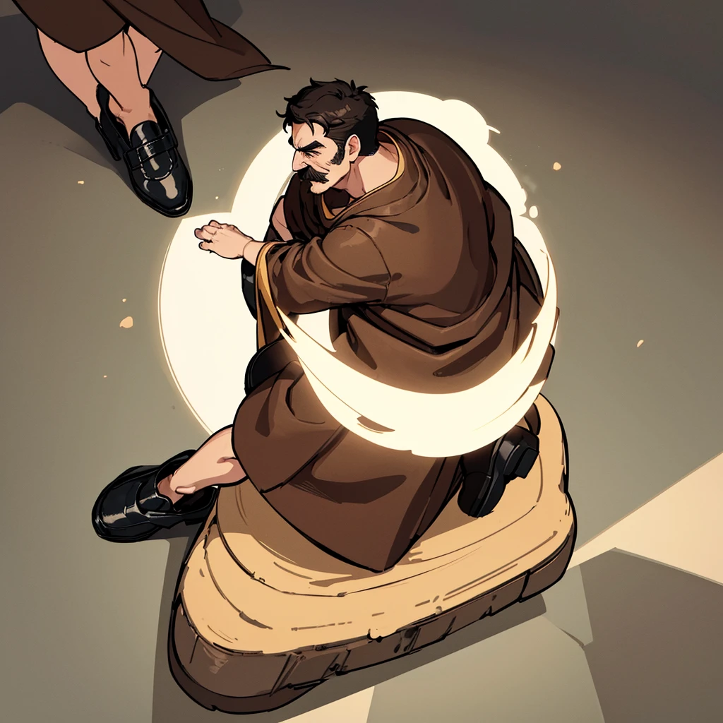 ((((Solo))))、Highest quality, Best Quality,Best illustrationiddle ages、(((Simple brown robe、Black shoes)))、(40-year-old uncle、mature、Kaiser moustache)、(LOL)、fight、(From above、profile)、Kneel on the ground