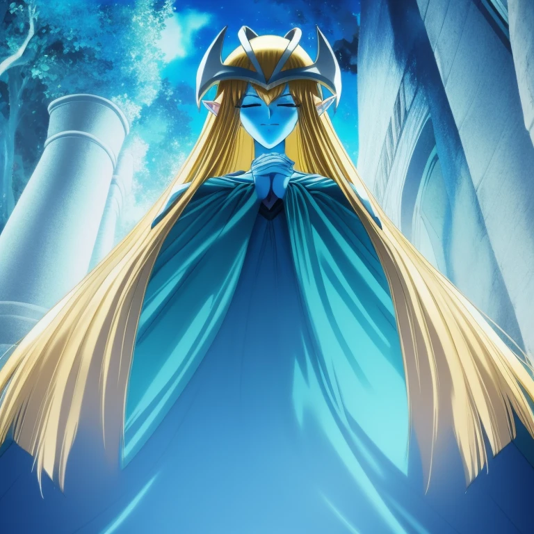 mysticalygo, mystical elf, smile, eyes closed, blue dress, long skirt, blue skin, blue cloak, cape, long robe, blonde hair, long hair, city, forest, Yugioh, overly long sleeves, no hands,