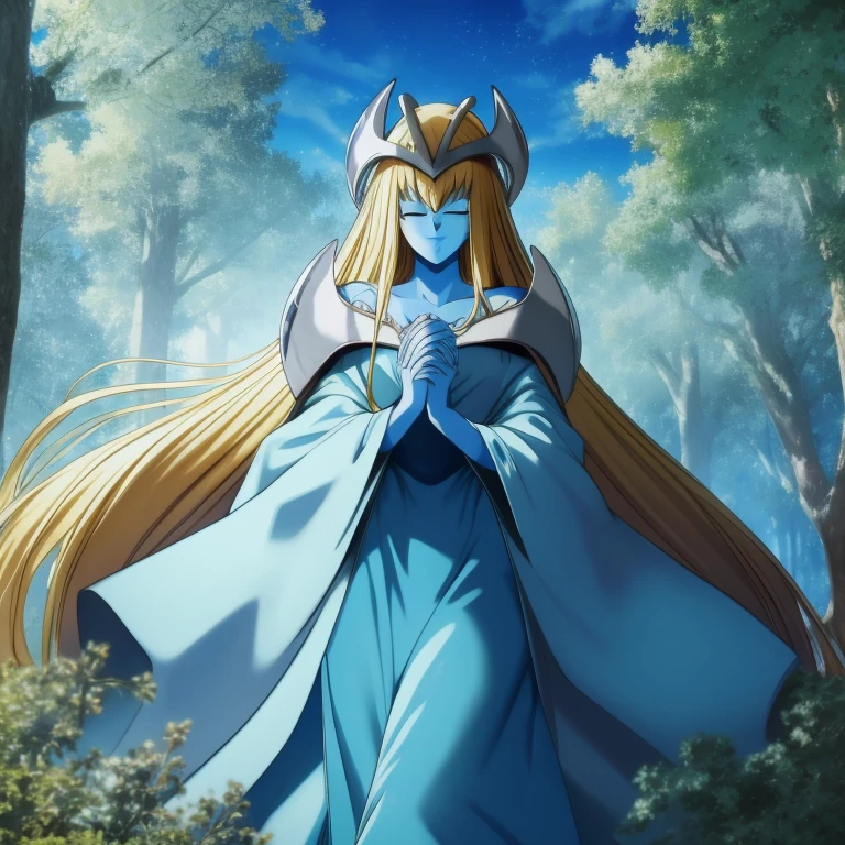 mysticalygo, mystical elf, smile, eyes closed, blue dress, long skirt, blue skin, blue cloak, cape, long robe, blonde hair, long hair, city, forest, Yugioh, overly long sleeves, no hands, 