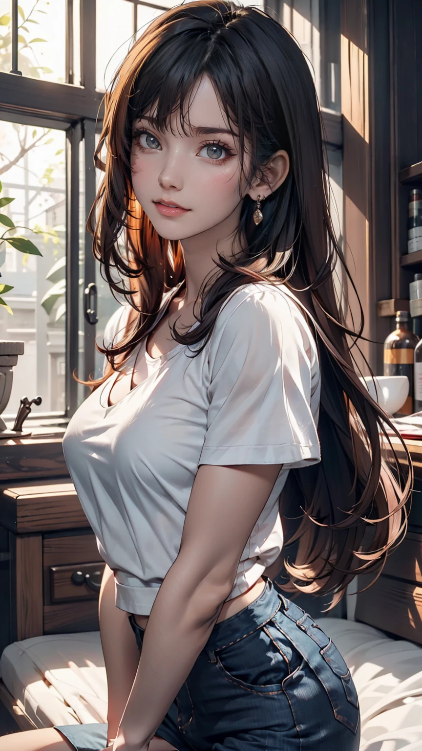 Unparalleled beauty, Shiny、Tightened、Glowing Skin, Bangs between the eyes, Shiny真っ直ぐな美しいプラチナブロンド, Super long straight silky hair, eyeliner, Sexy, beautiful and pure 14 year old, High resolution big beautiful bright blue eyes, beautiful and adorable girl, Baby Face, Short sleeve shirt