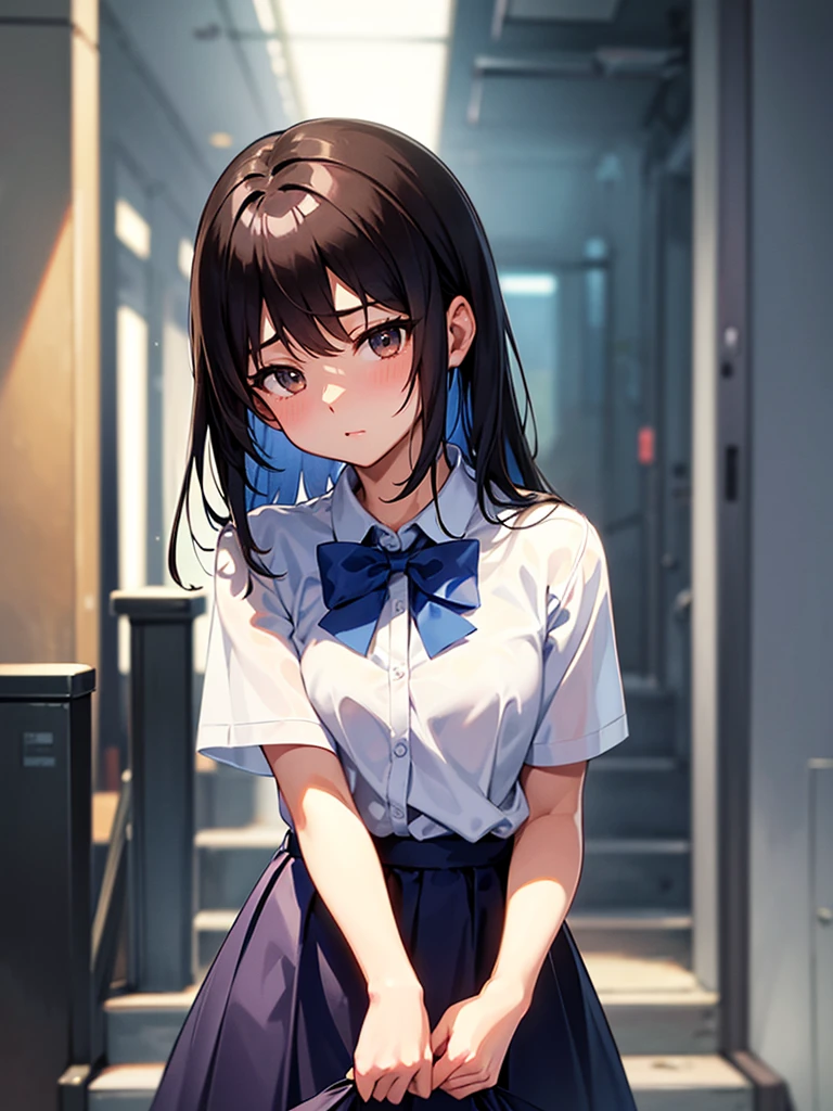 master piece, extremely detailed, high resolution,Makoto Shinkai style、high school girl、1 girl、Upper body only、Short-sleeved shirt、Blue bow tie、Glossy, plump lips、Shiny Hair、Brown Hair、Long Straight Hair、Mid-chest、Narrow waist、Checkered mini skirt、Climbing an escalator、Backwards、Looking up from below、Skirt is held back、You can see inside the skirt from behind、Embarrassed look、Looking at me shyly、Red cheeks、