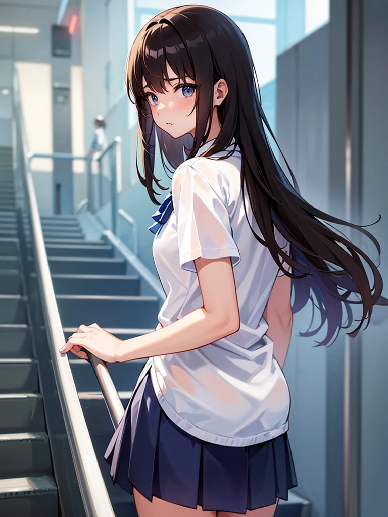 master piece, extremely detailed, high resolution,Makoto Shinkai style、high school girl、1 girl、Upper body only、Short-sleeved shirt、Blue bow tie、Glossy, plump lips、Shiny Hair、Brown Hair、Long Straight Hair、Mid-chest、Narrow waist、Checkered mini skirt、Climbing an escalator、Backwards、Looking up from below、Skirt is held back、You can see inside the skirt from behind、Embarrassed look、Looking at me shyly、Red cheeks、