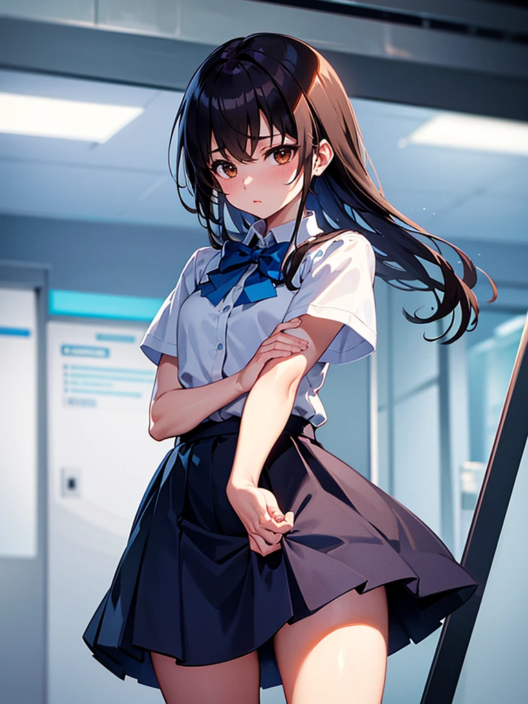 master piece, extremely detailed, high resolution,Makoto Shinkai style、high school girl、1 girl、Upper body only、Short-sleeved shirt、Blue bow tie、Glossy, plump lips、Shiny Hair、Brown Hair、Long Straight Hair、Mid-chest、Narrow waist、Checkered mini skirt、Climbing an escalator、Backwards、Looking up from below、Skirt is held back、You can see inside the skirt from behind、Embarrassed look、Looking at me shyly、Red cheeks、