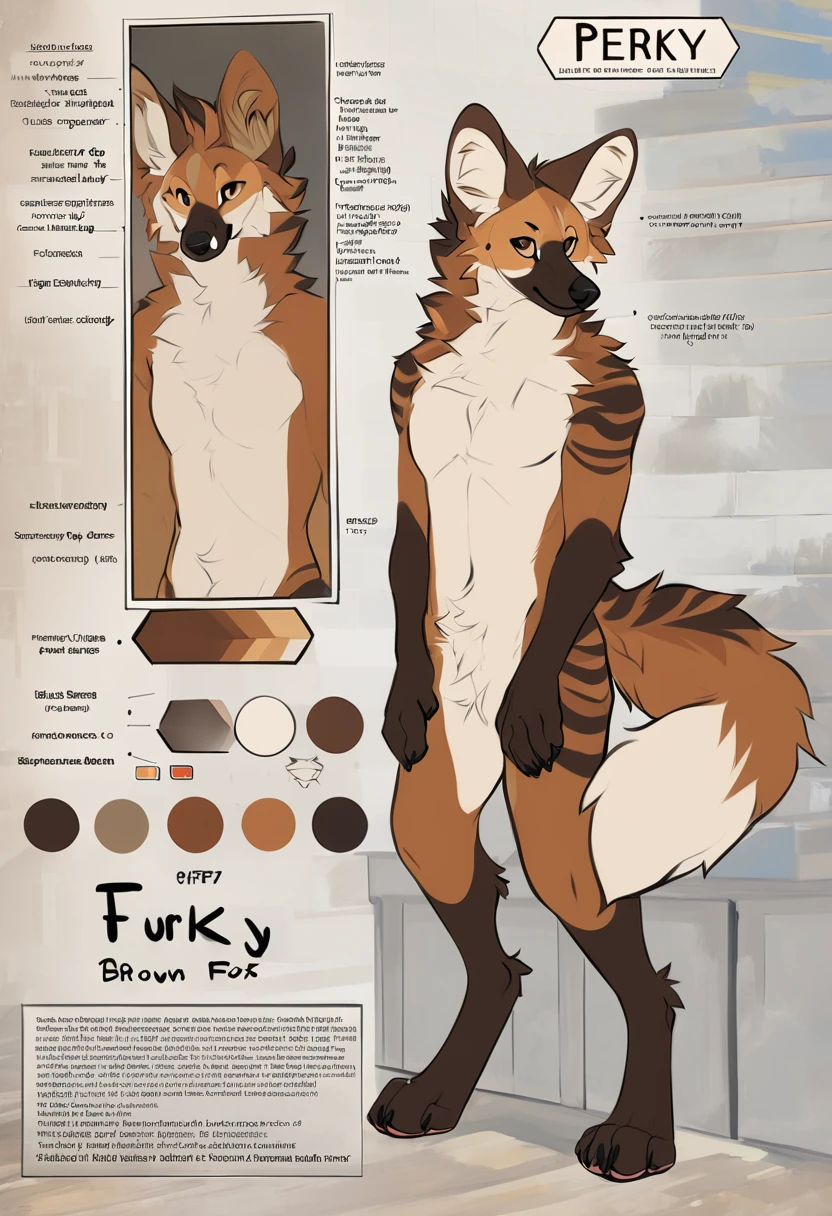 Solo, male, furry art, maned_wolf, fursona, ((canine)), (((brown primary fur))), white secondary, (perky ears), reference sheet, amazing art, masterfully executed, beautiful background, normal body, paws.