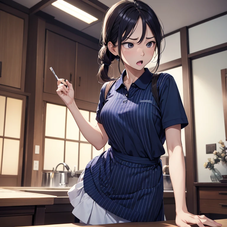 (Best picture quality, Masterpiece:1.3, Super Hi-Res), Japanese woman, 25 years old, serious expression, intensely angry, shouting, wearing navy blue polo shirt, striped apron, uniform,