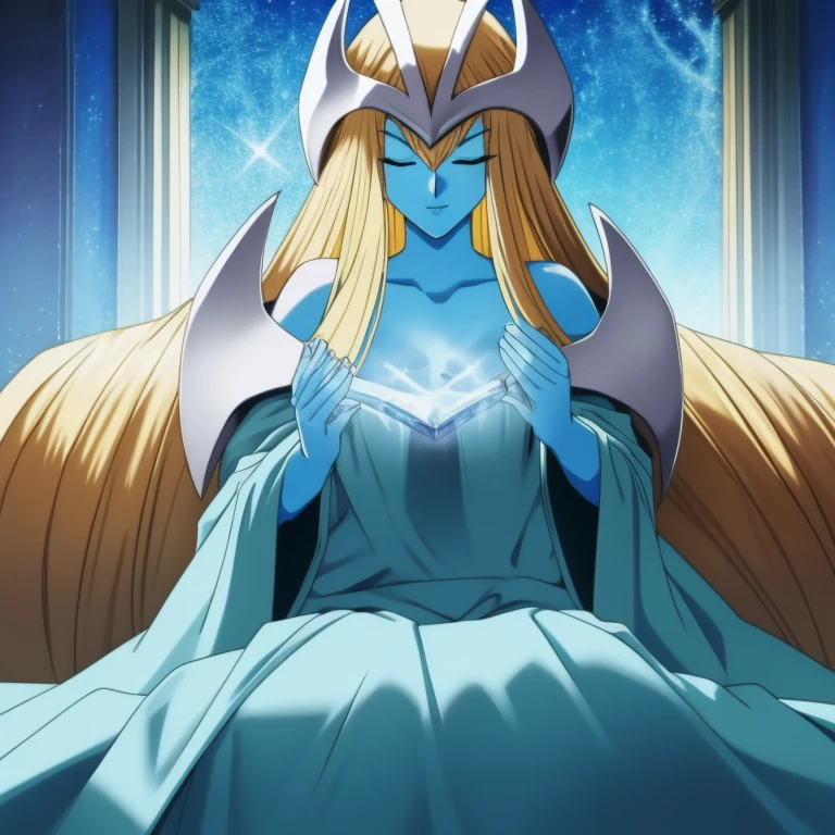 mysticalygo, mystical elf, smile, eyes closed, blue dress, long skirt, blue skin, blue cloak, cape, long robe, blonde hair, long hair, Yugioh, overly long sleeves, no hands, bed, sitting, bedroom