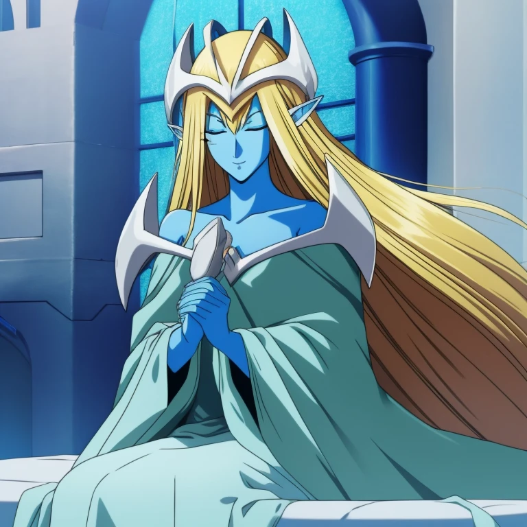 mysticalygo, mystical elf, smile, eyes closed, blue dress, long skirt, blue skin, blue cloak, cape, long robe, blonde hair, long hair, Yugioh, overly long sleeves, no hands, bed, sitting, bedroom