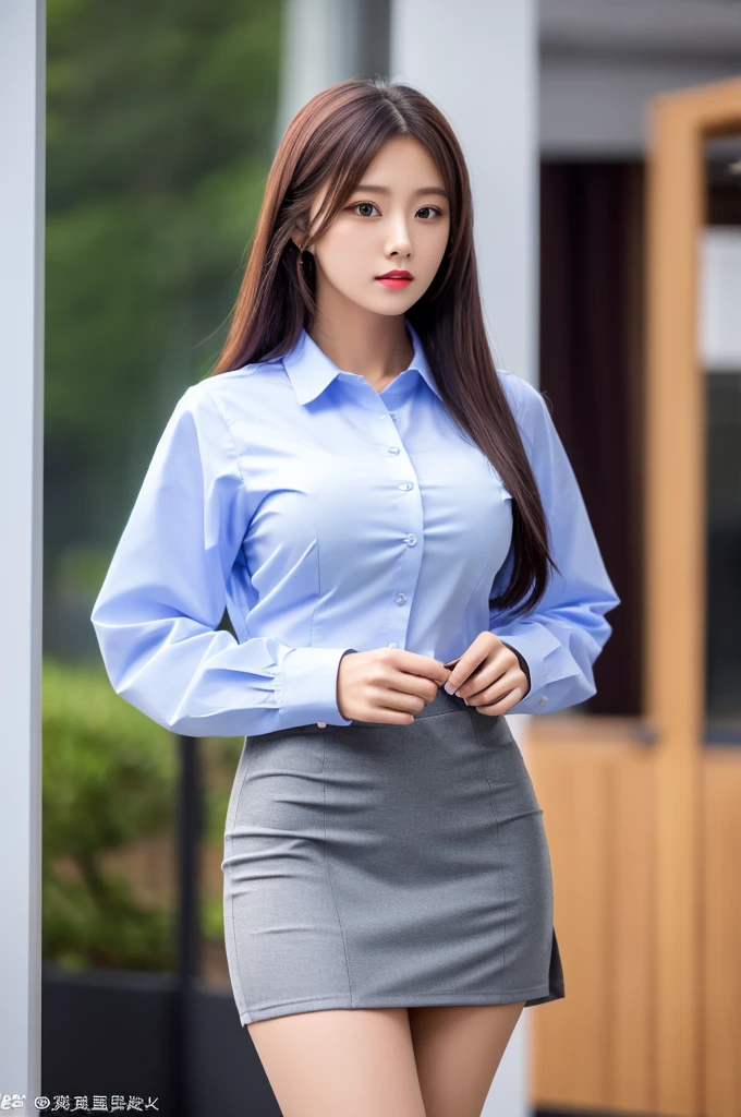 the most beautiful actress in the world, she is 18 years old, the perfect body proportions of this girl, tight blazer is firmly closed on formal shirt which is worn on her upper body, it's difficult for short skirt to cover panties between her bare legs because it is too short, her bare thighs, standing, window, clear sky, nsfw, best quality, highly detailed, masterpiece, ultra high res, photo realistic, 8k