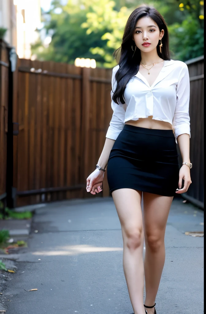 (masterpiece:1.3), (8 thousand, realistic, RAW photos, best quality: 1.4), (1 woman),(short skirt), (shirt), (suit), (양쪽 다리에 짙은색 realistic 팬티 스타킹), (Wearing high heels on both feet), (full body shot), (outdoors in sunny weather), (walking like a model), (Beautiful makeover), (very beautiful body) , (Realistic and very beautiful face), (long eyelashes), (double eyelid), (Very beautiful eyes, realistic and delicate), (big bust) , (Strong body through exercise), (beautiful abs), (Beautiful heaps), (tall), (black hair. parted, long hair:1.3), (아름다운 parted스타일), (realistic and beautiful skin), (absurd), (attractive), (ultra high resolution), (extremely realistic), (very detailed), (golden ratio), (Two long, realistic and beautiful legs), (realistic 팔), (necklace), (earring),(beautiful nails manicure), (So beautiful and sexy), (perfect secretary look)