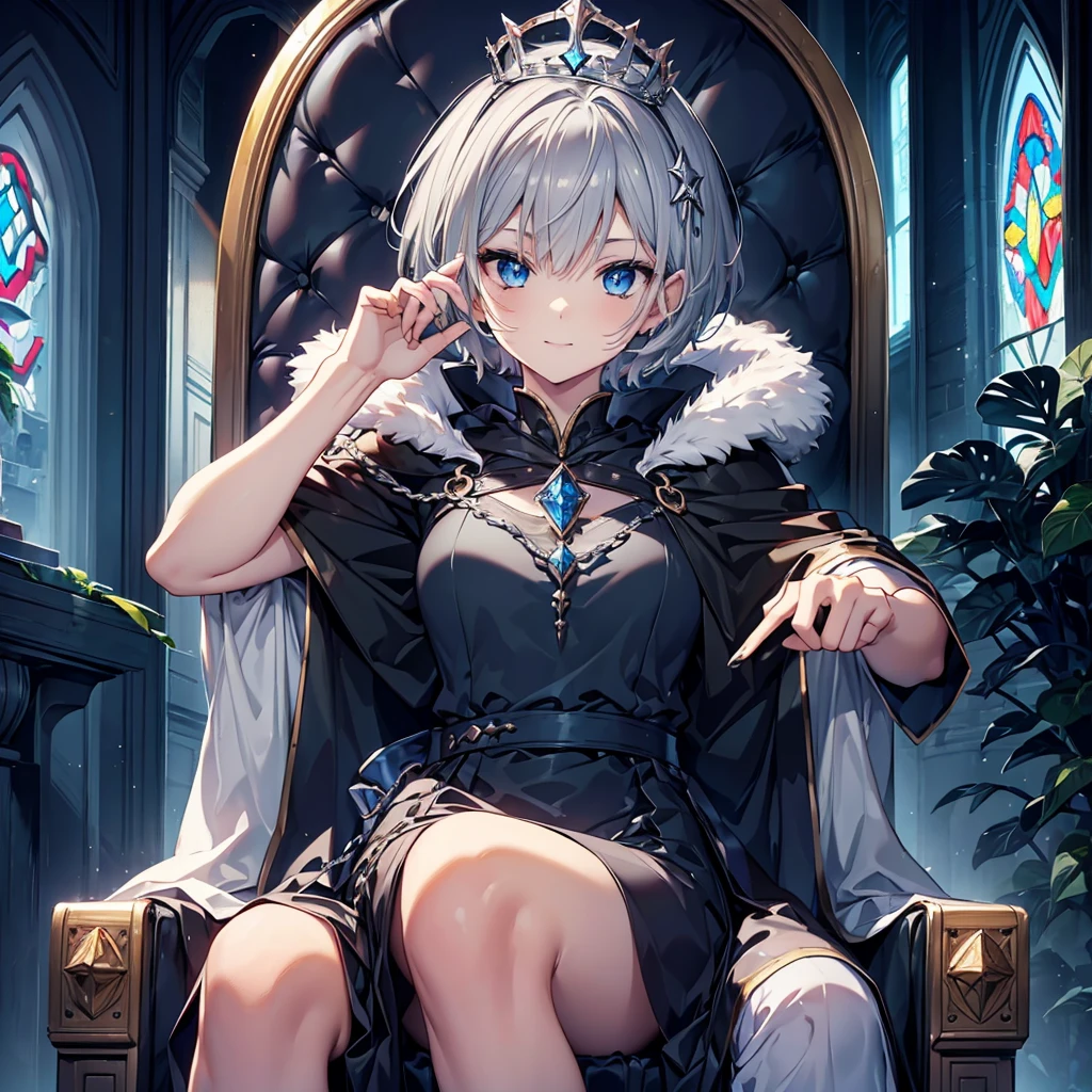 ((((Queen Sitting on the throne)))) (((Gray Hair short hair blue eyes woman Center close-up))),((Stained glass tiara Excalibur)),(Black Dress Wearing a cloak),smile Showing teeth Shining Background Shining Edges