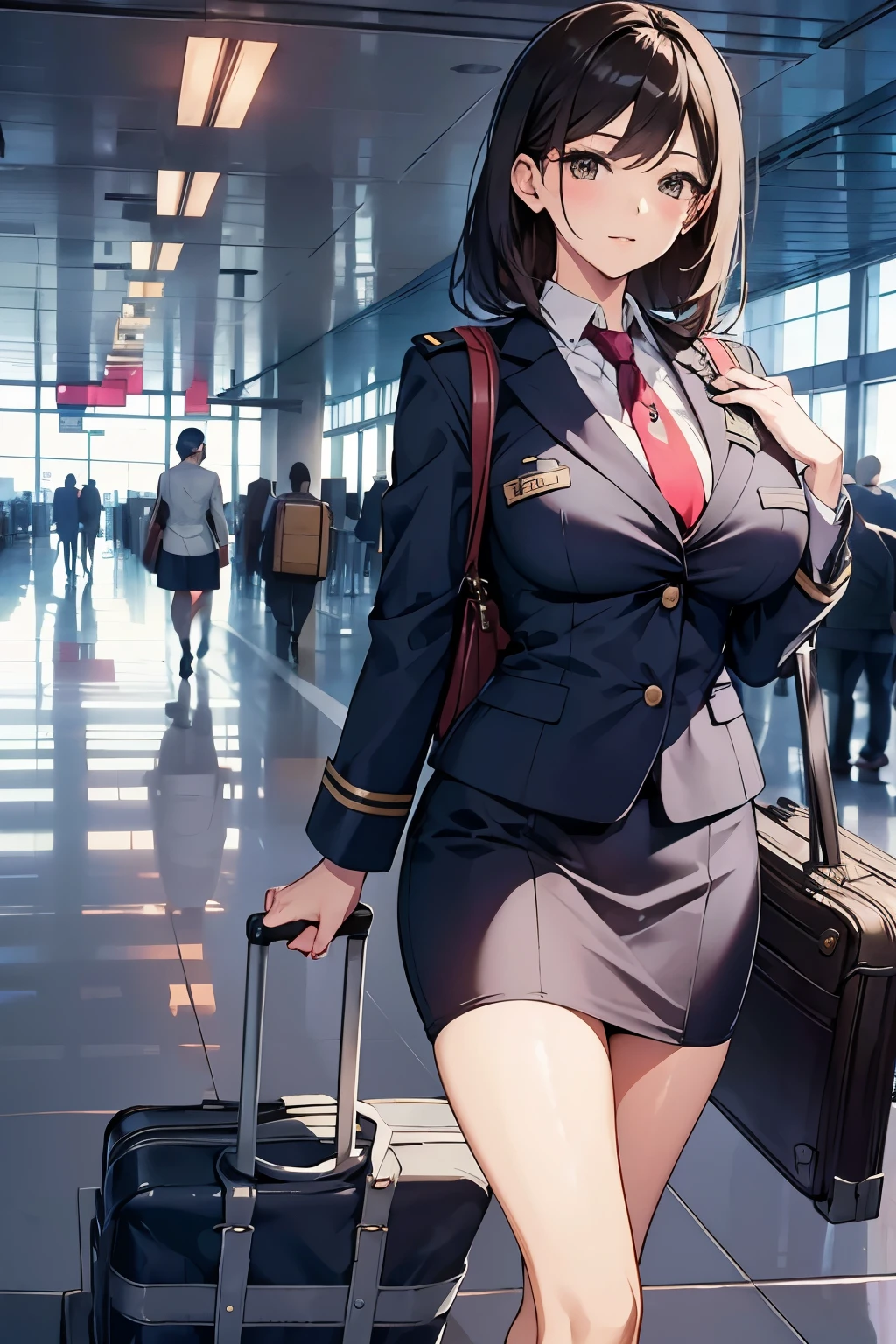 Flight attendant in uniform walking through the airport with suitcase and handbag、Perfect Style、Sexy、Large breasts、Beauty