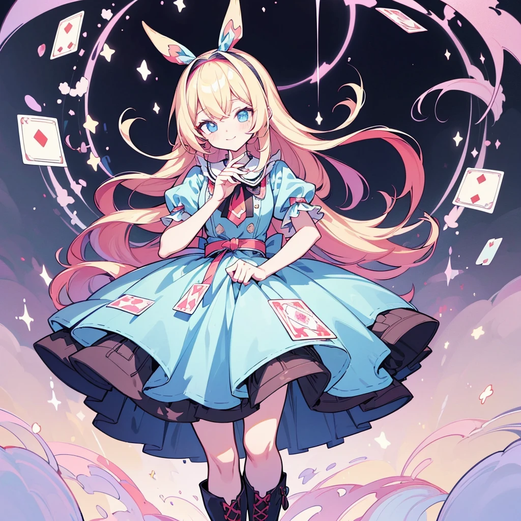 (Tabletop, Highest quality、Super detailed、Super detailedな目), (Perfect athletic body:1.2), (Fine hair), Super detailed, Anime Style, whole body, alone, Fantasy Blonde Hair, Blue Eyed Girl, Apron dress like Alice in Wonderland, Playing cards with your hands, Red Hairband, Black-purple miasma swirls, There are many whispers of the floating black devil, Nightmarish sights, Standing in the Wilderness, High heel boots, Digital Painting, 8K high resolution, Trend Art Station,  whole body, Bad smile,background＿Distorted clock:1.5、