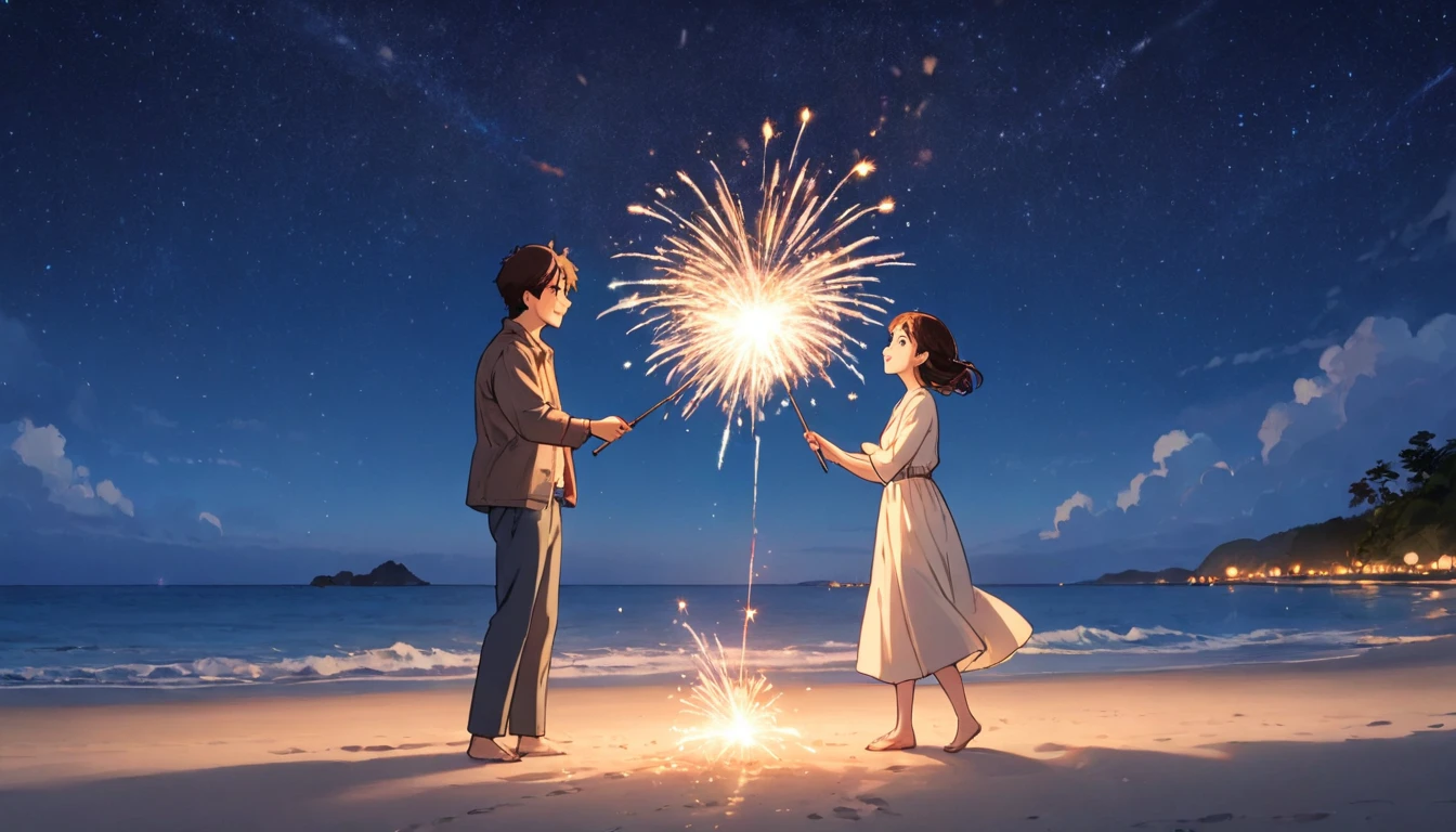 Two people playing sparklers, man and woman, beach, under the stars, looking at each other, Ghibli style
