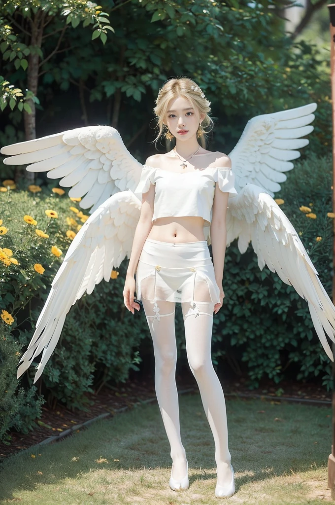 (((best quality))), (((ultra detailed))), (((masterpiece))), illustration,((1 beautiful little girl,solo,angel)),((fair skin,shoulder length straight blonde hair,blue eyes)),(earrings,crystal necklace),((slim,thin,small breasts,flat chest)),joyful expression,(white wings:1.3),(flowing short-sleeved white sheer dress:1.3),((In heaven, garden setting)), vibrant flowers,(colorful flowers:1.3),lush grass, gentle breeze, (clear sky, fluffy clouds, shining sun),((navel)),((from front,standing,full body,arms behind back)),((slender legs,pantyhose,loafers))