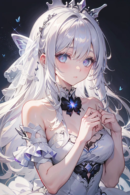 Silver Hair,Butterfly,Long white hair,White Wedding Dress,8k wallpaper,Detailed background,Maximum resolution,Deep V Big,hair covering one eye,Strapless wedding dress,Chis,White Rose,Tight