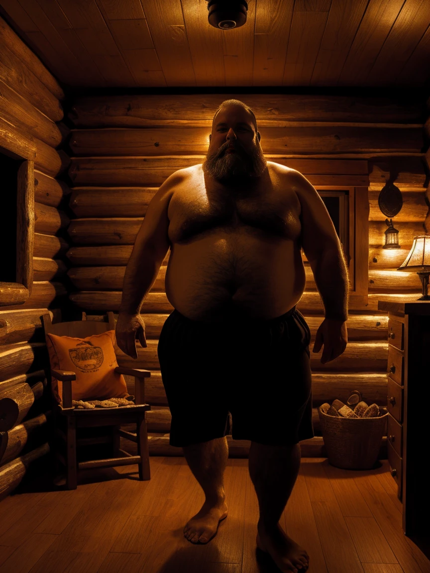a fat, shirtless, middle-aged man with a beard in a mountain cabin at night, detailed facial features, full body, dramatic lighting, cinematic, dark colors, moody atmosphere, dramatic, mysterious, photorealistic, 8k