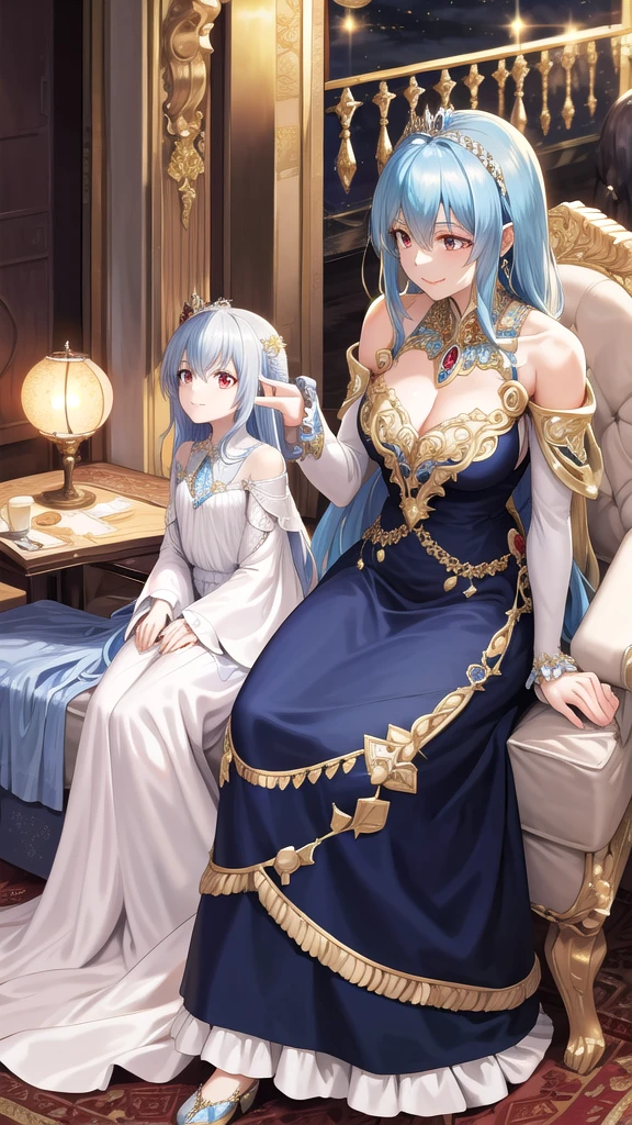 masterpiece, best quality, highres, rimuru tempest, blue hair, RED EYES, long hair, medium breasts, an adult girl, , clad in an opulent, midnight blue silk gown with silver thread detailing and a high collar. Her long hair cascades gracefully over her shoulders, and she smiles with a kind and generous expression. The dress, featuring a dramatic train and intricate beadwork, is paired with a silver crown adorned with sapphires, matching sapphire earrings, and delicate silver slippers. A sheer, star-patterned cloak completes the ensemble, reflecting her happy and noble demeanor, full body image, kind and generous nature, happy,