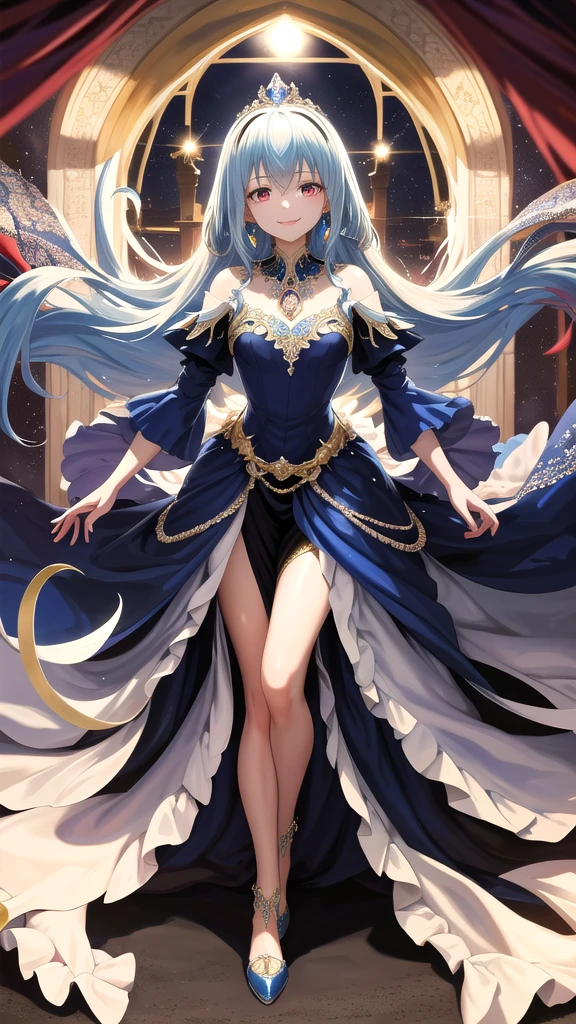 masterpiece, best quality, highres, rimuru tempest, blue hair, RED EYES, long hair, medium breasts, an adult girl, , clad in an opulent, midnight blue silk gown with silver thread detailing and a high collar. Her long hair cascades gracefully over her shoulders, and she smiles with a kind and generous expression. The dress, featuring a dramatic train and intricate beadwork, is paired with a silver crown adorned with sapphires, matching sapphire earrings, and delicate silver slippers. A sheer, star-patterned cloak completes the ensemble, reflecting her happy and noble demeanor, full body image, kind and generous nature, happy,