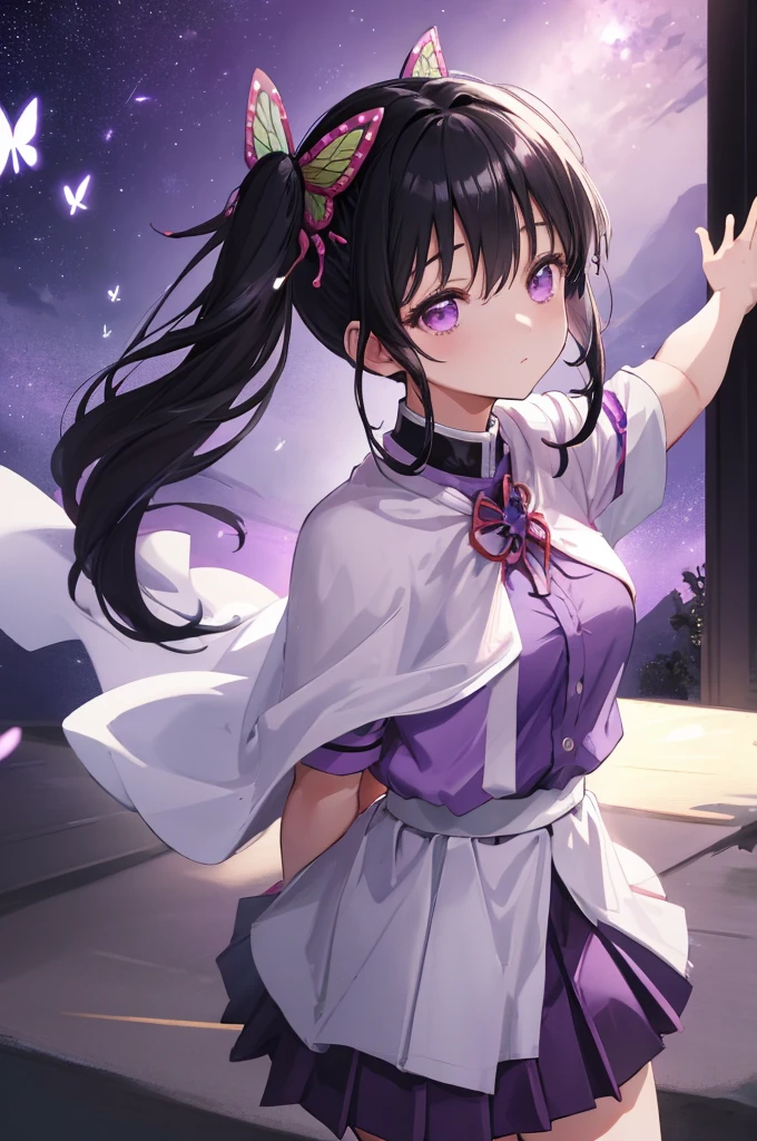 (masterpiece:1.3), (best quality:1.1), (8k, ultra detailed, ultra high res:1.2), ((anime style)), perfect 5 fingers, perfect anatomy, (arms behind back:1.3),  
1girl,
Kanao Tsuyuri, 
BREAK long hair, side ponytail, 
black hair, 
purple eyes, (empty eyes:1.3), 
butterfly hair ornament, 
(medium breasts:0.9),  
BREAK (long sleve purple shirt, pleated purple skirt:1.2), (white cape with ribbon), looking at viewer, 
cowboy shot, 
perfect light, 
waving, outdoors, field, night, night sky, starry sky,