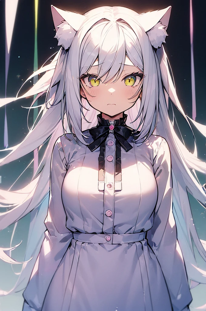 (pastel color:1.5), solo, catgirl, cute, cat ears, silver hair, long hair, yellow eyes, large eyes, round eyes, cat mouth, paw symbol, paw background, anime style, (masterpiece:1.2), (best quality), (vibrant colors), (ultra-detailed), (extremely detailed CG), 8K, (illustration), (an extremely delicate), sharp focus, depth of field, cinematic lighting,