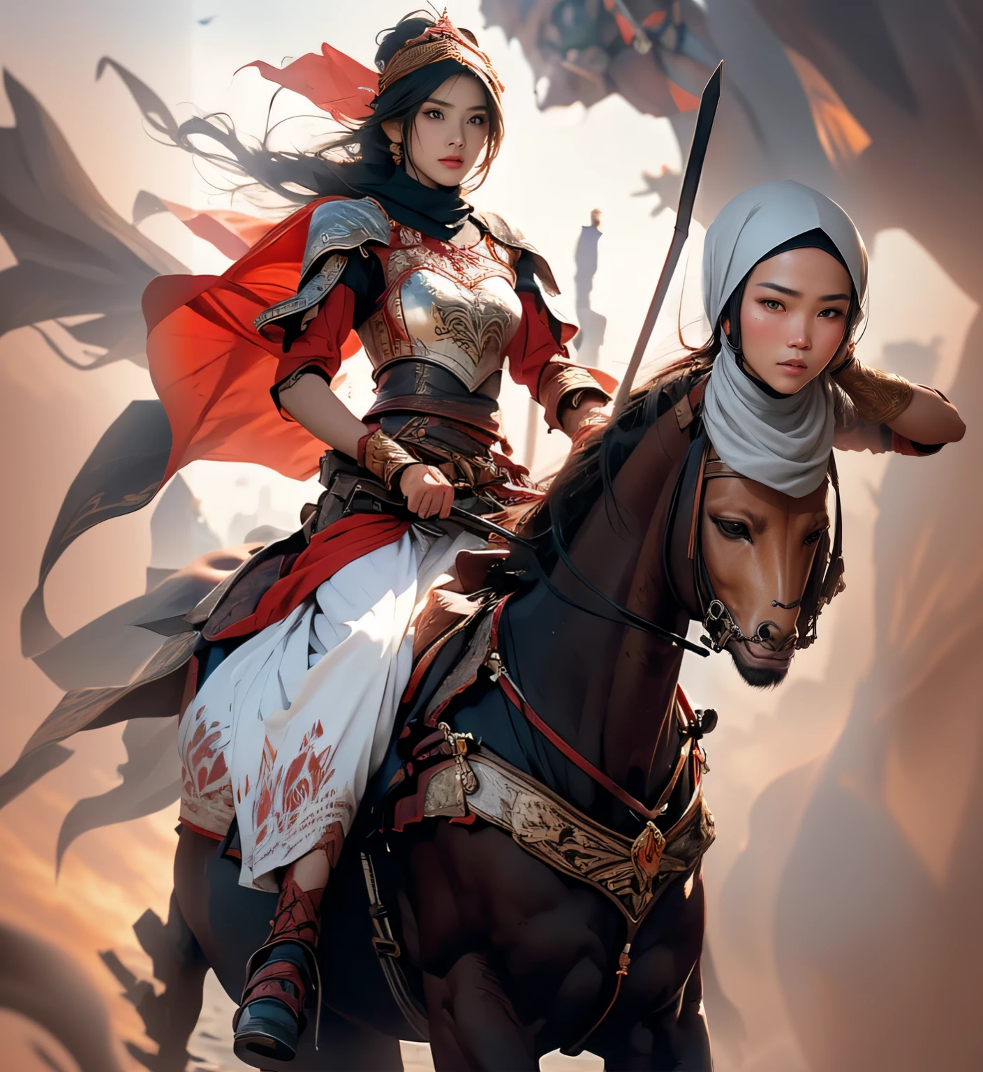 Photography of an Indonesian woman wearing Muslim clothes while riding a horse, in his hands were arrows and a bow, his face stared intently forward, battlefield background, Realistic details and full HD.