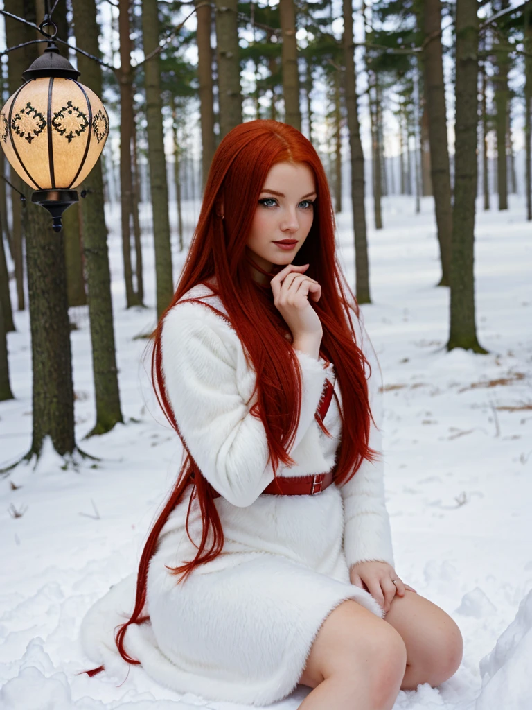 here is a woman with red hair and a white dress sitting in the snow, very long snow colored hair, a sorceress casting a ice ball, in snow, girl under lantern, in the snow, only snow i the background, red haired goddess, with red hair, inspired by Anne Stokes, pale snow white skin, editorial photograph, perfect lighting in a snow storm