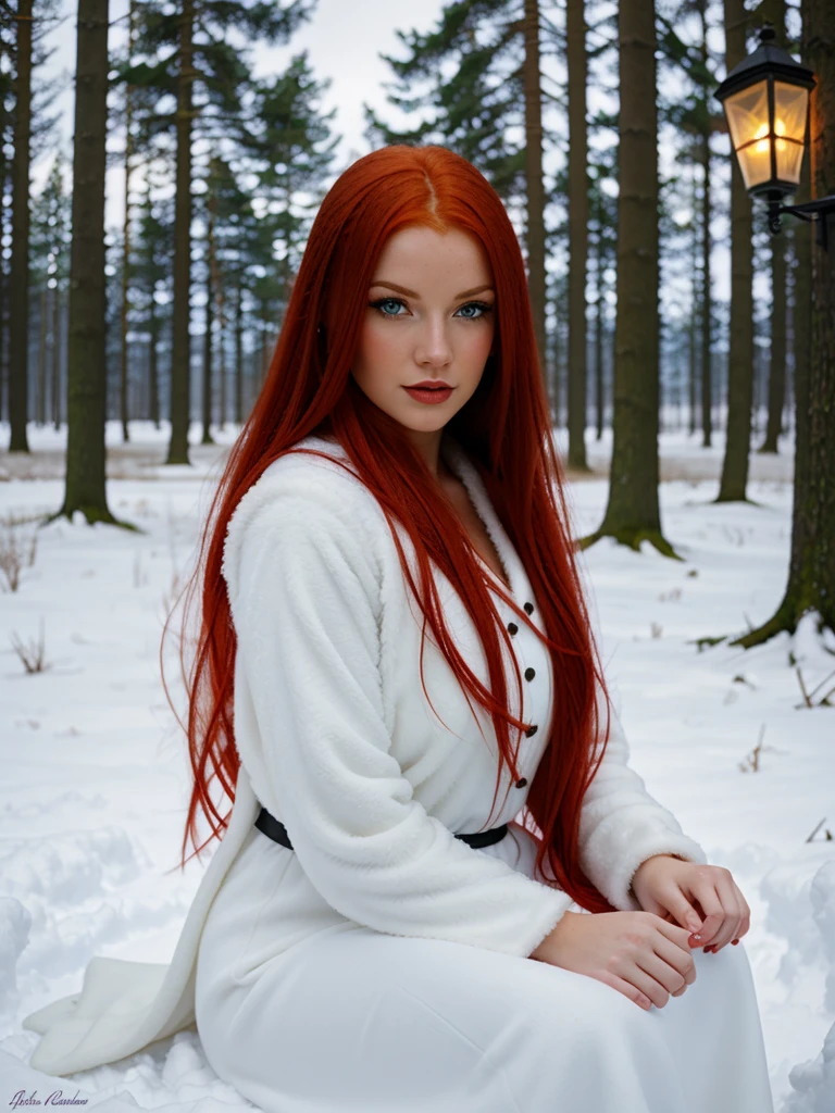 here is a woman with red hair and a white dress sitting in the snow, very long snow colored hair, a sorceress casting a ice ball, in snow, girl under lantern, in the snow, only snow i the background, red haired goddess, with red hair, inspired by Anne Stokes, pale snow white skin, editorial photograph, perfect lighting in a snow storm