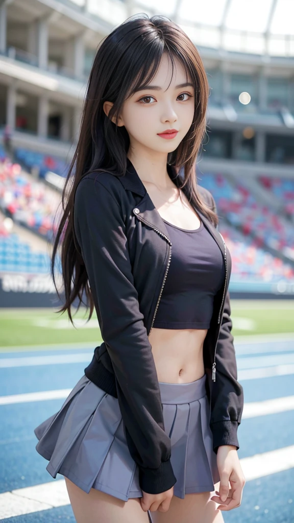4k ultra hd, masterpiece, best quality, a girl, sports girl, happy, good face, smile, detailed eyes, detailed lips, very long hair, Multicolor floating hair, slim body, medium breasts, tight abs, narrow waist, purple costume, short sleeves, cropped top, opened jacket, black jacket, skirt, sitiitng, dark shadow, bright sunshine, stadium background,
