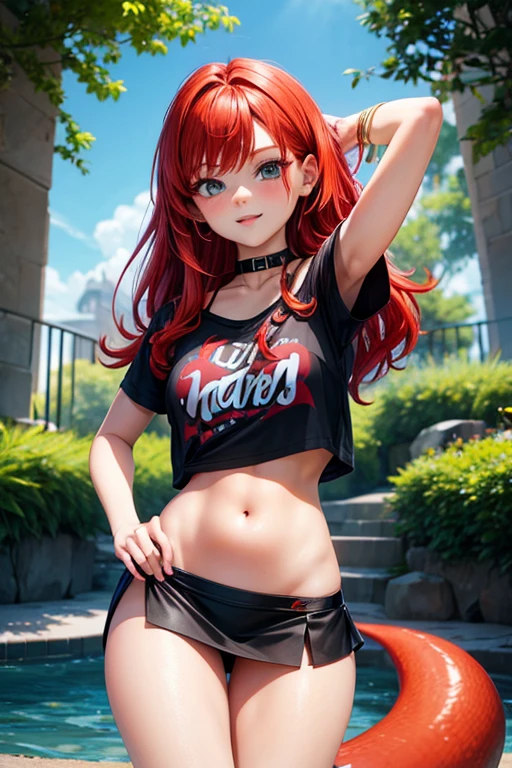 Ariel the little mermaid; redhead; black shirt; young ; T-shirt that says brat in pornhub logo; mini skirt; Collar on the neck with strap;