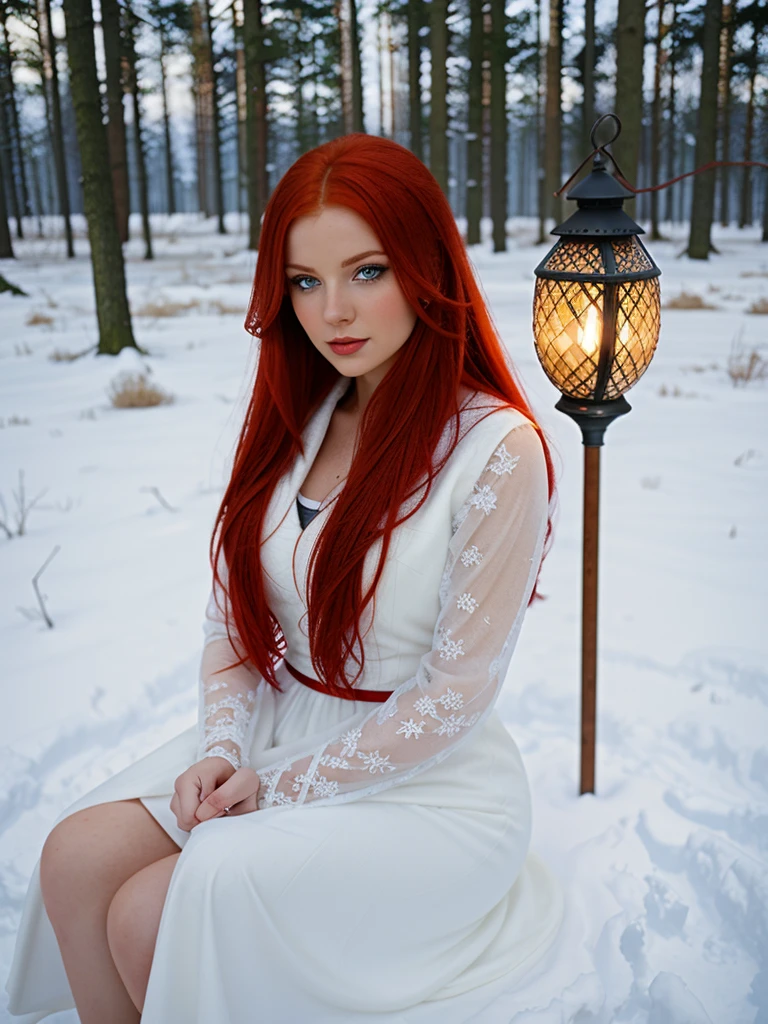 here is a woman with red hair and a white dress sitting in the snow, very long snow colored hair, a sorceress casting a ice ball, in snow, girl under lantern, in the snow, only snow i the background, red haired goddess, with red hair, inspired by Anne Stokes, pale snow white skin, editorial photograph, perfect lighting in a snow storm