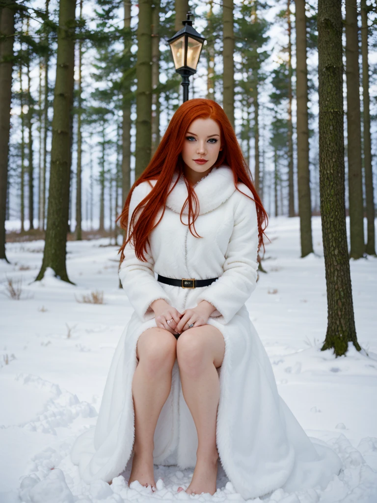 here is a woman with red hair and a white dress sitting in the snow, very long snow colored hair, a sorceress casting a ice ball, in snow, girl under lantern, in the snow, only snow i the background, red haired goddess, with red hair, inspired by Anne Stokes, pale snow white skin, editorial photograph, perfect lighting in a snow storm