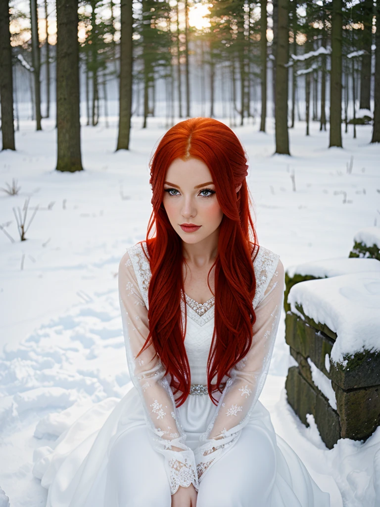 here is a woman with red hair and a white dress sitting in the snow, very long snow colored hair, a sorceress casting a ice ball, in snow, girl under lantern, in the snow, only snow i the background, red haired goddess, with red hair, inspired by Anne Stokes, pale snow white skin, editorial photograph, perfect lighting in a snow storm