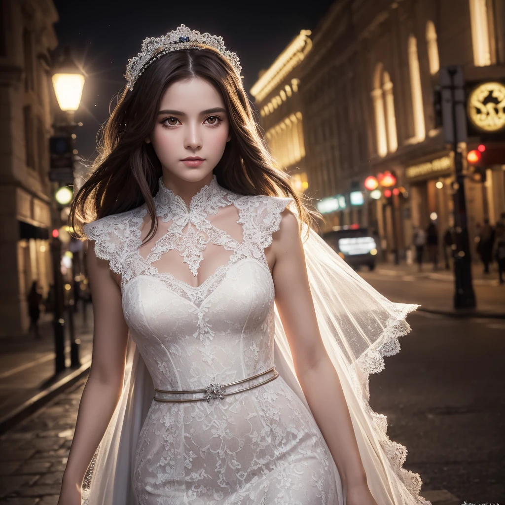masterpiece, (Front Focus), Surrealist female portrait, Fantasy art, realism, Dynamic Lighting, Art Station, Poster, Volumetric lighting, Highly detailed face, black and fluffy eyes, Sparkling Eyes,4K, Award-winning, 1 Girl, Modest,Full Body Shot, (Formal attire: 1.4,white lace gown), Street lights, Dark brown hair,