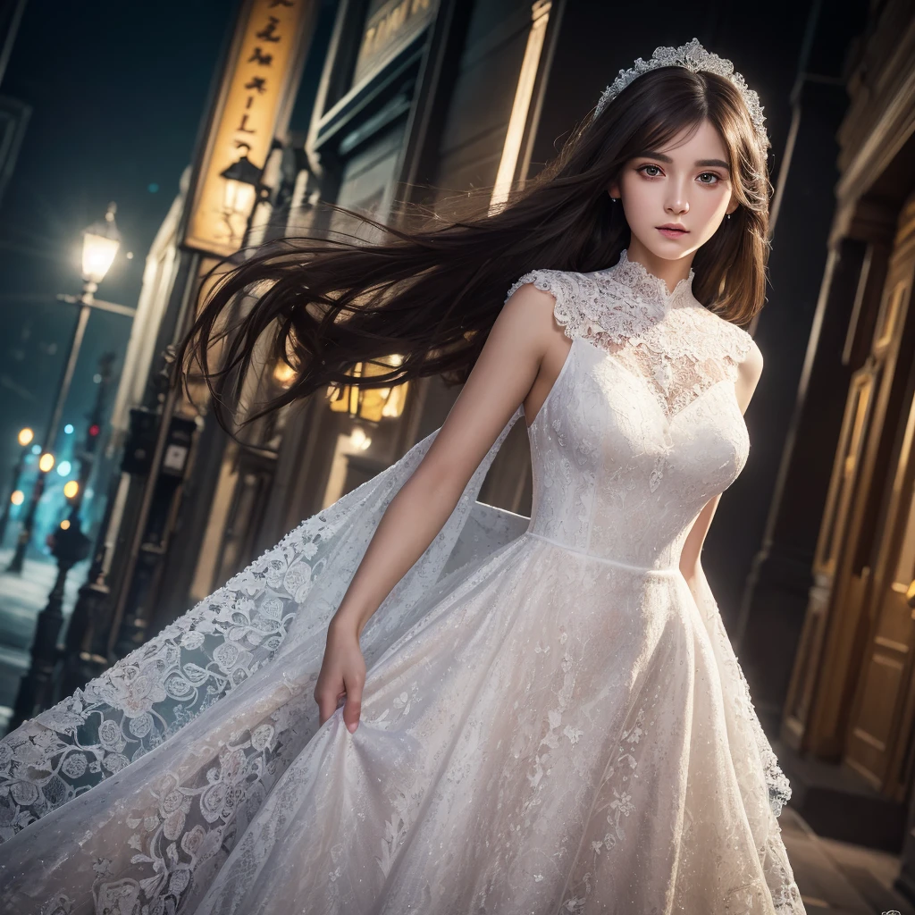 masterpiece, (Front Focus), Surrealist female portrait, Fantasy art, realism, Dynamic Lighting, Art Station, Poster, Volumetric lighting, Highly detailed face, black and fluffy eyes, Sparkling Eyes,4K, Award-winning, 1 Girl, Modest,Full Body Shot, (Formal attire: 1.4,white lace gown), Street lights, Dark brown hair,