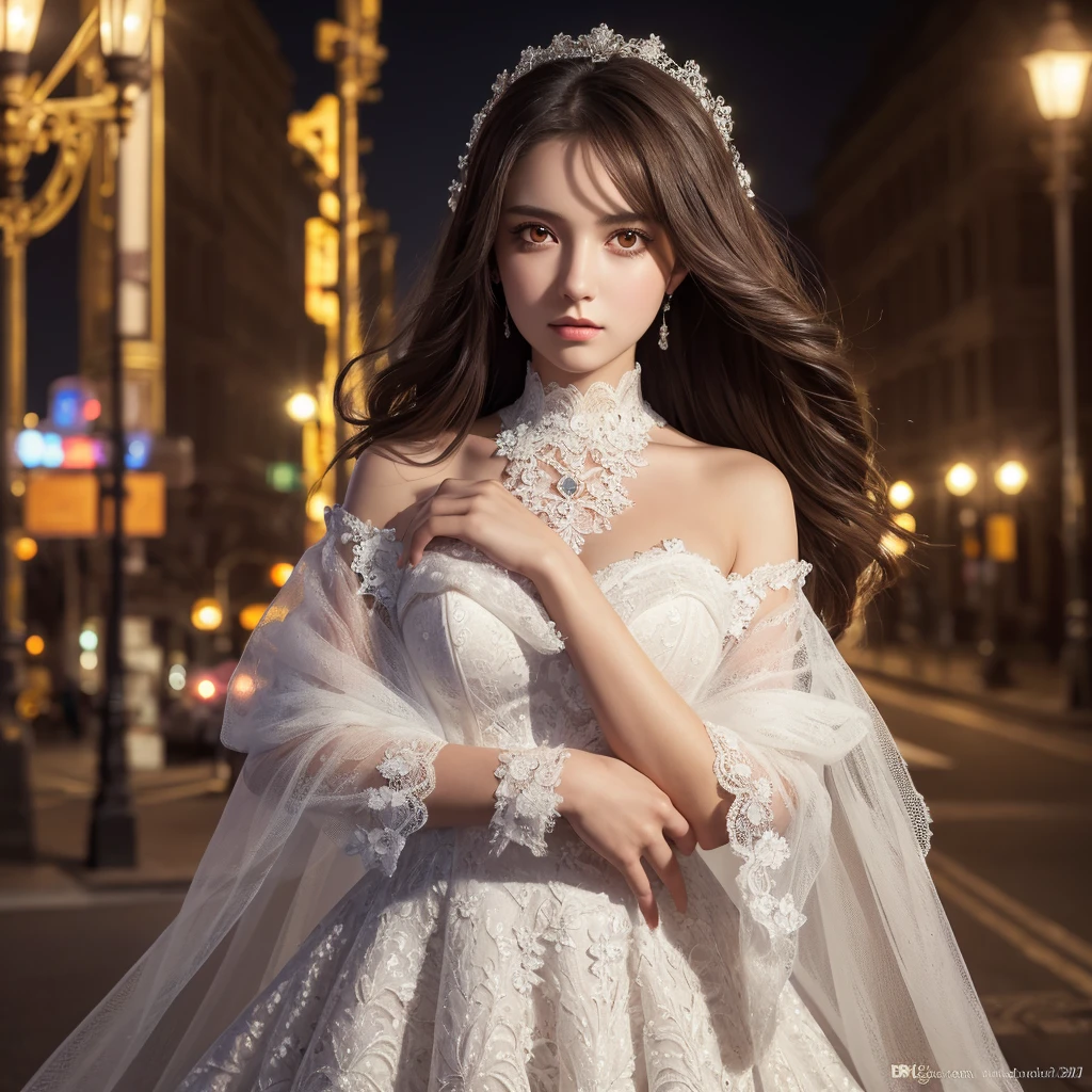 masterpiece, (Front Focus), Surrealist female portrait, Fantasy art, realism, Dynamic Lighting, Art Station, Poster, Volumetric lighting, Highly detailed face, black and fluffy eyes, Sparkling Eyes,4K, Award-winning, 1 Girl, Modest,Full Body Shot, (Formal attire: 1.4,white lace gown), Street lights, Dark brown hair,