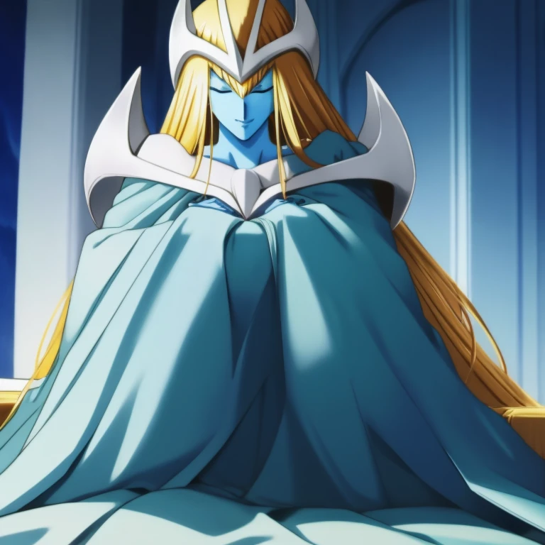 mysticalygo, mystical elf, smile, eyes closed, blue dress, long skirt, blue skin, blue cloak, cape, long robe, blonde hair, long hair, Yugioh, overly long sleeves, no hands, bed, sitting, bedroom