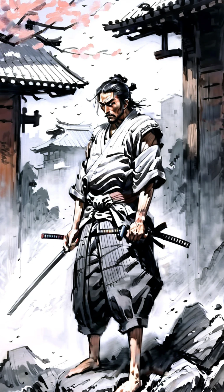 Draw Mix 6, dwx6,A pencil drawing of a tense moment as a lone Japanese samurai, Calm and determined, 影から現れる多数のNinjaと対決する. A samurai stands in the foreground, His armor is detailed, He drew his sword and got it ready.. Ninja, Drawn with dynamic brushstrokes, Appearing like a whisper in the mist, Their movements are smooth and menacing.. The setting is an ancient Japanese landscape., A temple and cherry blossom trees are depicted in the background., Add a gentle contrast to the impending battle,Create a hyper-realistic and cool image of Miyamoto Musashi using his two-sword technique (Katana and Wakizashi). Musashi is in a dynamic battle stance, showcasing his mastery of Niten Ichi-ryu. He wears traditional samurai armor, and the background is a dramatic battlefield with smoky skies, emphasizing the historical context. Highlight his intense focus and determination, capturing the essence of a formidable warrior. Use strong light and shadow contrasts to enhance the dynamic feel of the image.